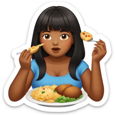 Brown skin girl with bangs black long hair plus size with food sticker