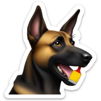 black-dog-malinois with a brush in his mouth sticker