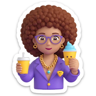 3D emoji of a character with a high curly afro, flashy 'samu' diamond chain, holding a cup of lean and a joint sticker