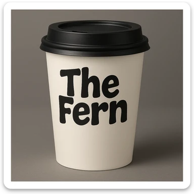 Make the white coffee cup a to-go cup with a lid, keep 'The Fern' in bold, playful letters, simple and eye-catching. sticker