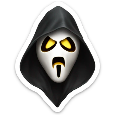 “Apple emoji of Ghostface: white mask with a screaming expression, dark eyes, and a black hooded cloak.” sticker