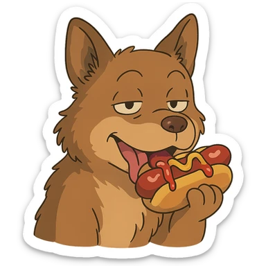 dog eating a sussy hot dog in ghibli style sticker