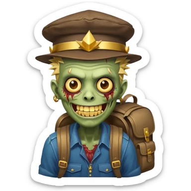 Zombie portrait with spikey hair, smirking with gold teeth, Astor’s hat, and a backpack sticker