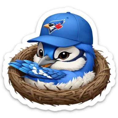 baby bluejay bird, sleeping in nest, with blue jays baseball hat sticker