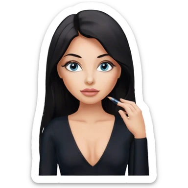 Glamours, tanned, beautiful, girl, with blue eyes, big pump peach-beige-rose lips, eyeliner, long lashes, black straight smooth silky long hair, parting hair in the middle,  in black v-neck bodysuit long sleeves sticker