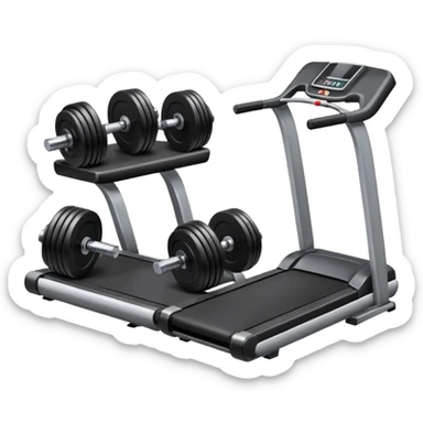 A treadmill set behind Two heavy dumbbells side by side on the floor  sticker