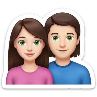 pink polaroid photo of a couple thats white with long brunette hair blue eyes and a white guy with short brunette hair and green eyes sticker