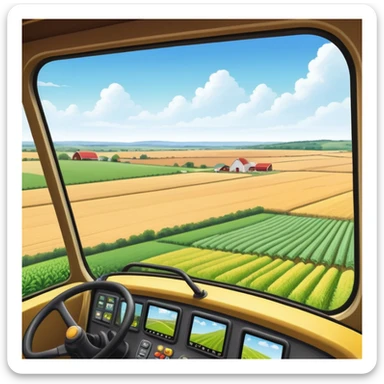 a view from the tractor cabin, with the dashboard in focus, overlooking a vibrant rural landscape. Inspired by Farming Simulator 22, the scene includes fields, crops, and distant barns under a bright sky. The design highlights the immersive experience of farm management. transparent background sticker