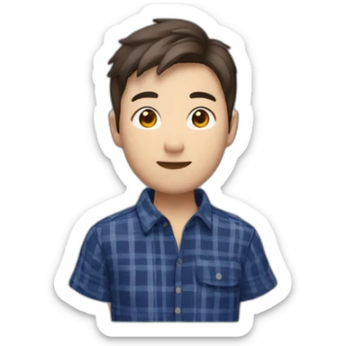 A Chinese young man with no beard,  short brown hair, exuding confidence, clad in a navy blue checked flannel shirt. sticker