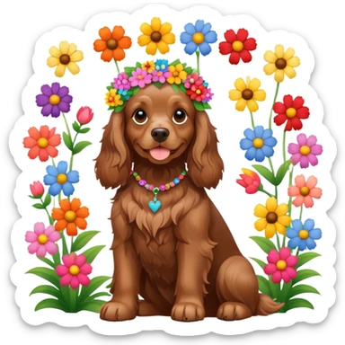 Full body shot of a brown cocker spaniel sitting happily with lots of flowers on his head sticker