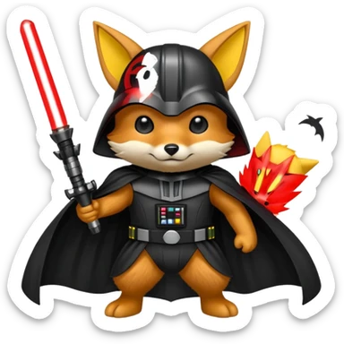 A fox wearing a darth vader Costume with pikachu sticker