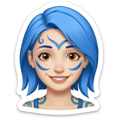 smiling woman with blue hair and a face tattoo sticker