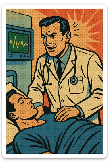 A doctor in a hospital standing in front of a heart rate monitor and a patient sticker