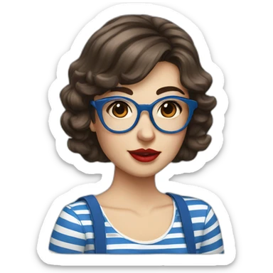 caucasian woman with retro glasses, dark brown hair, bangs, red lipstick, blue and white striped t shirt sticker