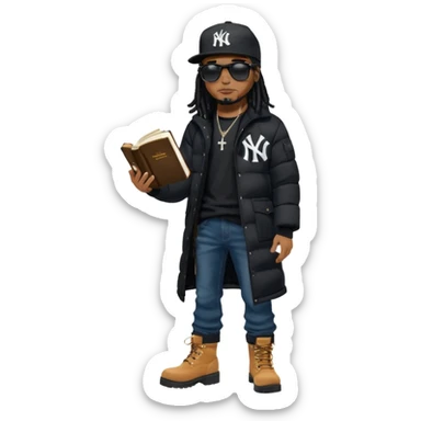 African American man with shoulder length black dreadlocks and black sunglasses wearing a black New York Yankees baseball hat with a North Face brand bubble winter coat with denim skinny jeans and timberland boots walk holding a holy bible in hand sticker