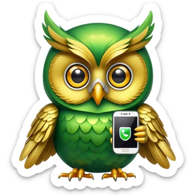 Green golden owl with shiny feathers. Holds a phone in the wing sticker