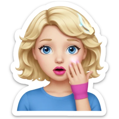 Girl Blonde short wavy hair,  blue eyes, cute blue top, long lashes, pink lips, shocked, hand over the mouth sticker