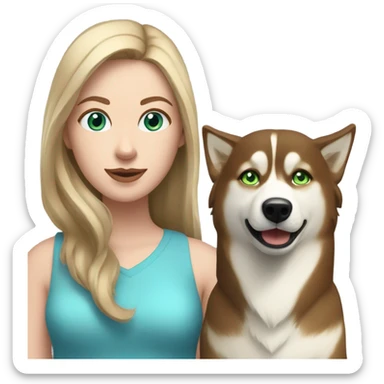 White Woman hair brown and bleus eyes and golden Husky With green eyes sticker