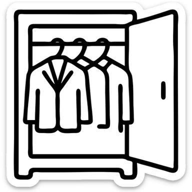 Minimalist flat design of a closet or wardrobe, slightly open showing neatly hung jackets and shirts, clean professional look sticker