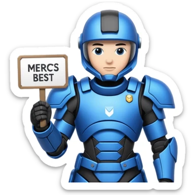 a futeristic scifi soldier in blue and black holding a sign saying Mercs, under this futeristic scifi in blue and black holding a sign is the text we are the best. in gif sticker
