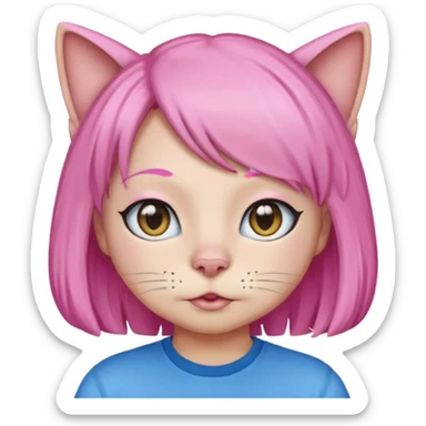 Black cat wearing a pink hair wig, blue T-shirt sticker