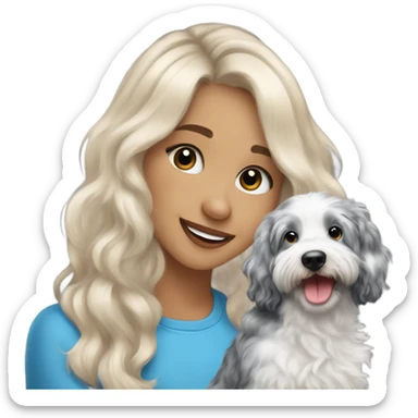Blonde girl holding blue Merle aussiedoodle  sticker