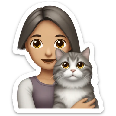 Dark brown straight hair girl holding fluffy Siberian gray cat  sticker