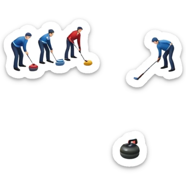 An icon showing a curling match on an indoor ice stadium, with a polished curling stone gliding toward the target and players sweeping. Spectators watch from stands, and flags hang above the rink. Transparent background highlights strategy and focus in the sport of curling. sticker