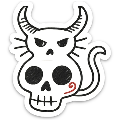Remove the lollipop from the cat's horn, hand drawn style with expressive linework, no fill, preserve the red spiral on the skull, transparent background. sticker