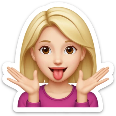 A girl with her tongue out and smiling and she has her hands opened and sideways next to her face  sticker