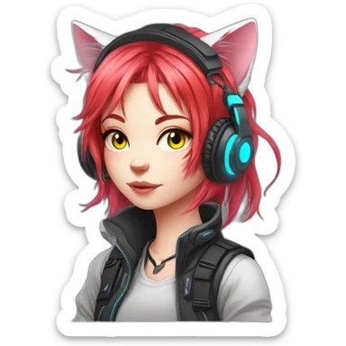 Anime cat gamer girl cyberpunk neon red hair sticker