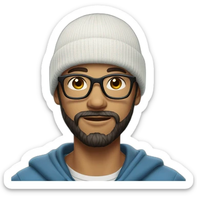 young dark-haired blue eyeswhite man with a beanie, glasses and beard sticker