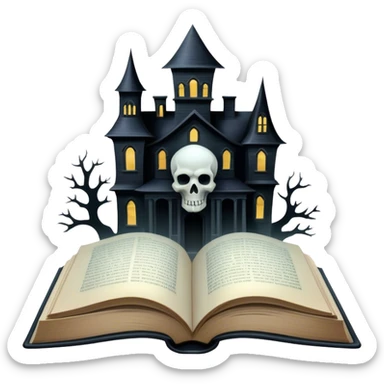 Icon for Horror and Mystery Reading: an open book with eerie, dark pages, a haunted house silhouette, a ghostly figure, and a skull. The icon should capture the suspense, fear, and mystery of horror and supernatural stories. Transparent background. sticker
