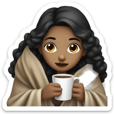 pale girl with dark brown eyes and black hair sitting with a blanket on her lap and a coffee in her hand  sticker