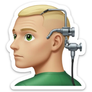 Male, no glasses, blonde hair, right side of hair shaved with a machine, face turned towards the camera sticker
