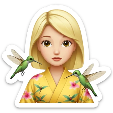 Blonde in yellow kimono with dragonfly and hummingbird  sticker