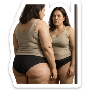 hyper realistic 4K woman looking at herself in the mirror, fat on thighs and legs, normal physique, skin details, reflective expression sticker