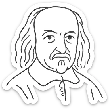 a hand drawn black outline portrait of philosopher Thomas Hobbes with similar-sized eyes based a famous portrait of him sticker
