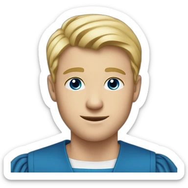 Blonde man with medium short hair, blue eyes, graduation sticker