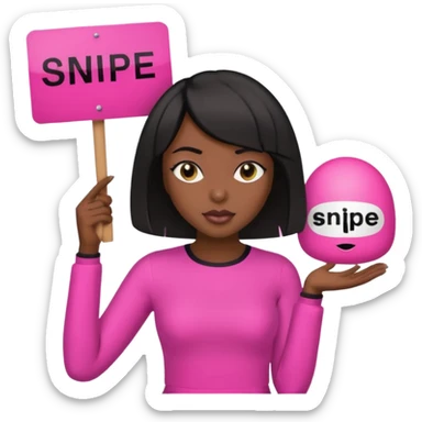 Dark skin woman with black bob in hair holding sign that says snipe  wearing pink outfit  sticker