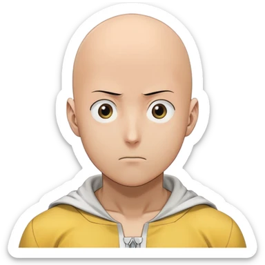 Saitama with blank face from One Punch Man, plain expression, bald head, simple round eyes, yellow hero suit, comical anime look sticker
