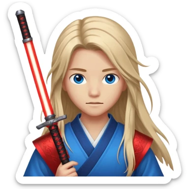 A 14 year old with red glowing katana and his hair be long and eye colour of blue  sticker