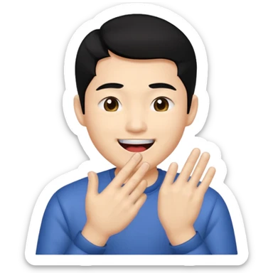 Asia guy black hair side part rubbing hand together and smirking with tongue out on the side sticker