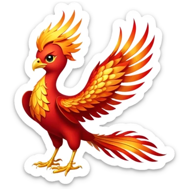 Cinematic Noble Mystical Fire Phoenix Portrait Emoji, Poised and resplendent, with a radiant, fiery plumage in brilliant hues of scarlet, gold, and ember, featuring elongated, elegant tail feathers that flow like molten lava, and piercing, wise eyes reflecting the eternal cycle of rebirth; rendered with lifelike texture and luminous natural highlights, high shine, majestic and awe-inspiring, styled with an aura of mythic resurgence, focused and regal, soft glowing outline, capturing the essence of a legendary phoenix rising from the flames with timeless grace! sticker