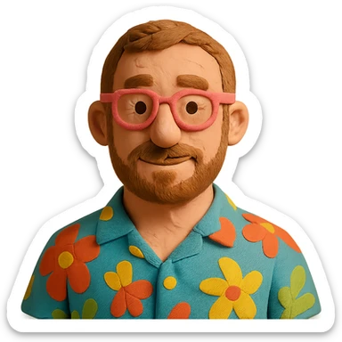 man with light skin tone, short light brown hair and beard, wearing a Hawaiian shirt and pink glasses sticker