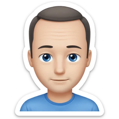 Man with black-greyish receding hairline, some hair on top, small blue eyes, clear face, shy smile sticker