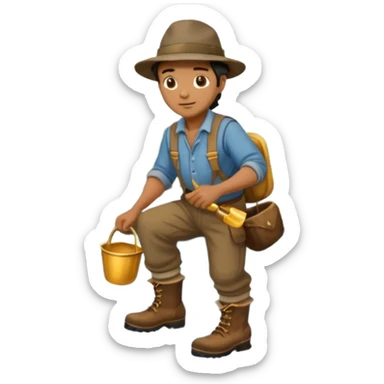 create a gold miner panning for gold near a stream sticker