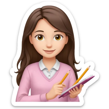 smiling long brunette hair girl hazel eyes wearing light pink clothes writing sticker