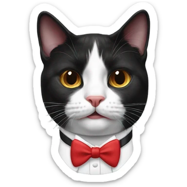 a tuxedo cat, mouth, stomach, and 4 feet colored in white, red bow tie sticker