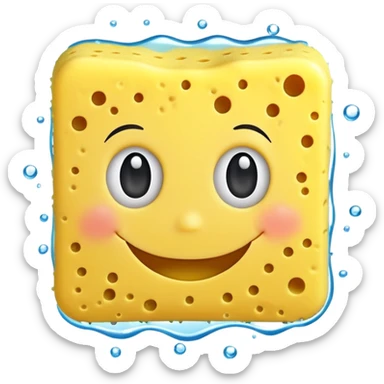 A happy yellow cleaning sponge with a smiling face sticker